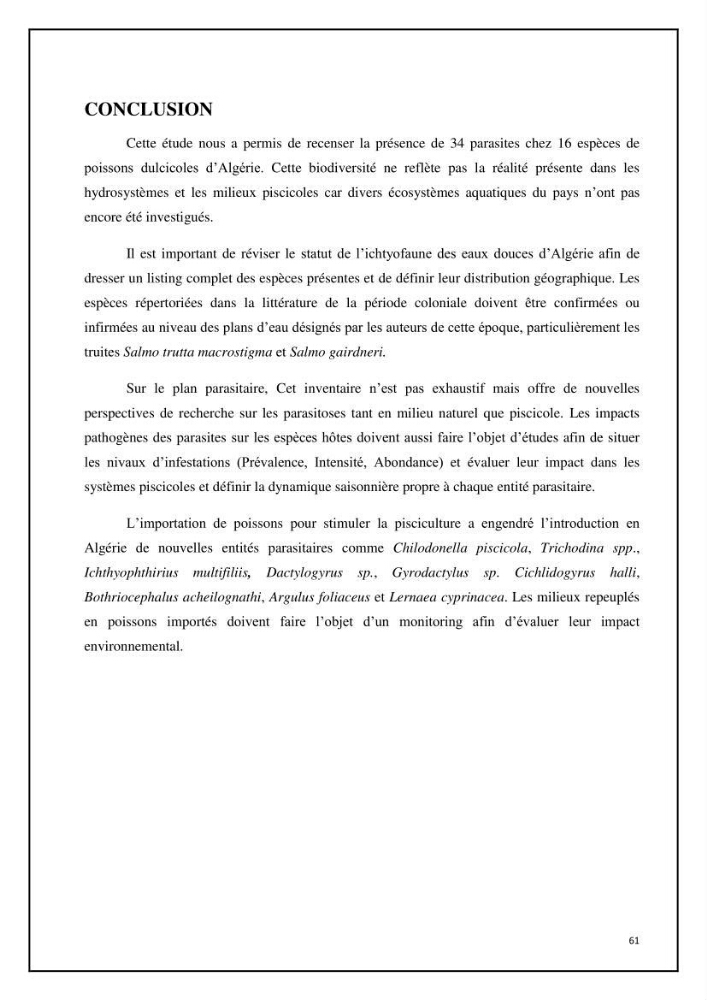 Inventaire de la parasitofaune des poissons dulcicoles d\'Algérie:
