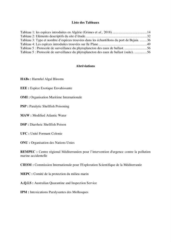 Inventaire des espèces introduites par les eaux de ballast et les coques des navires dans le port de Bejaia et un essai de compréhension de l’origine des espèces classées introduites au niveau de l’île Plane (Oran):