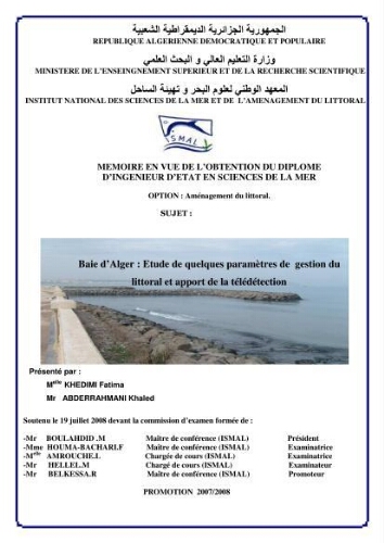 Baie d'Alger: étude de quelques paramètre de gestion du littoral et apport de la télédétection Baie d'Alger: étude de quelques paramètre de gestion du littoral et apport de la télédétection