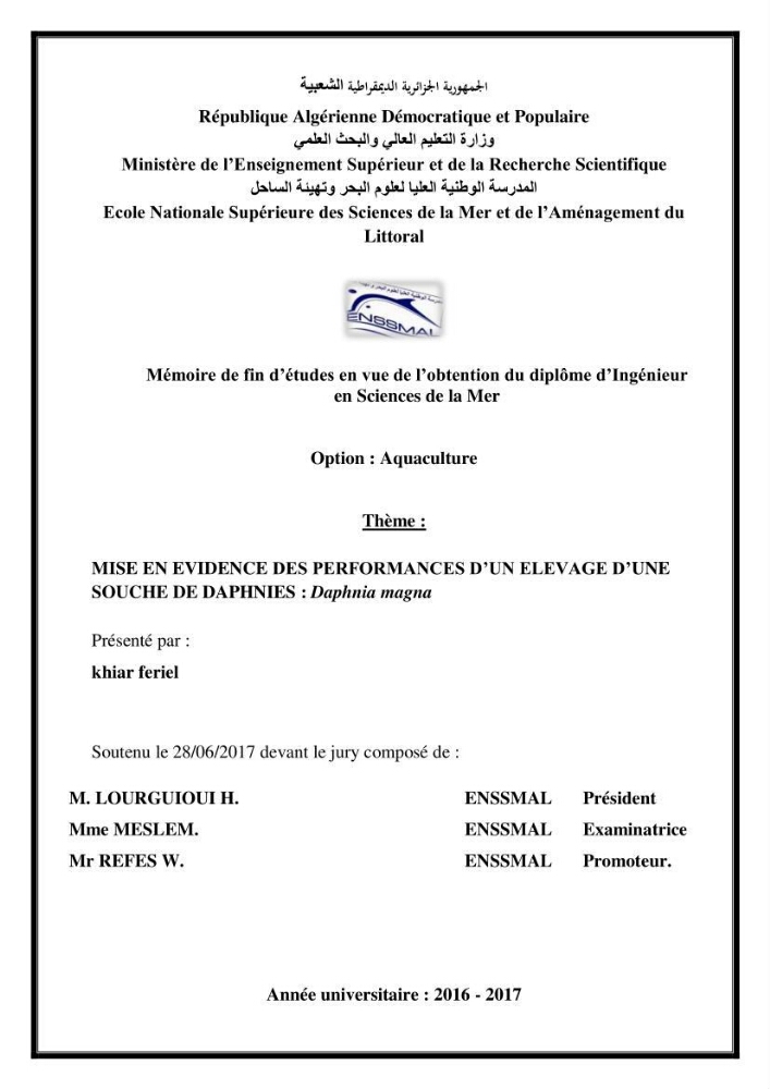 Mise en évidence des performances d\'un elevage d\'une souche de Daphnies: Daphnia magna