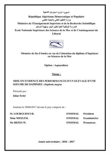 Mise en évidence des performances d'un elevage d'une souche de Daphnies: Daphnia magna Mise en évidence des performances d'un elevage d'une souche de Daphnies: Daphnia magna