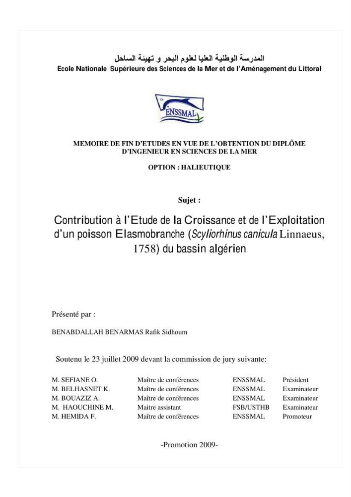 Contribution à l\'étude de la croissance et de l\'exploitation d\'un poisson clasmobranche (scyliorhinus canicula linnaeus, 1758) du bassin Algérien