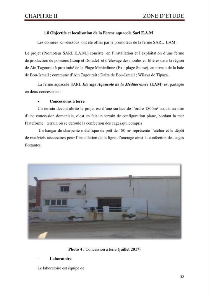 Caractérisation environnementale de la ferme d\'élevage de Daurade Sarl EAM