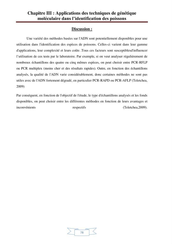 Recherche bibliographique sur les techniques de génétique moléculaire et leurs applications dans l\'identification des especes de poissons