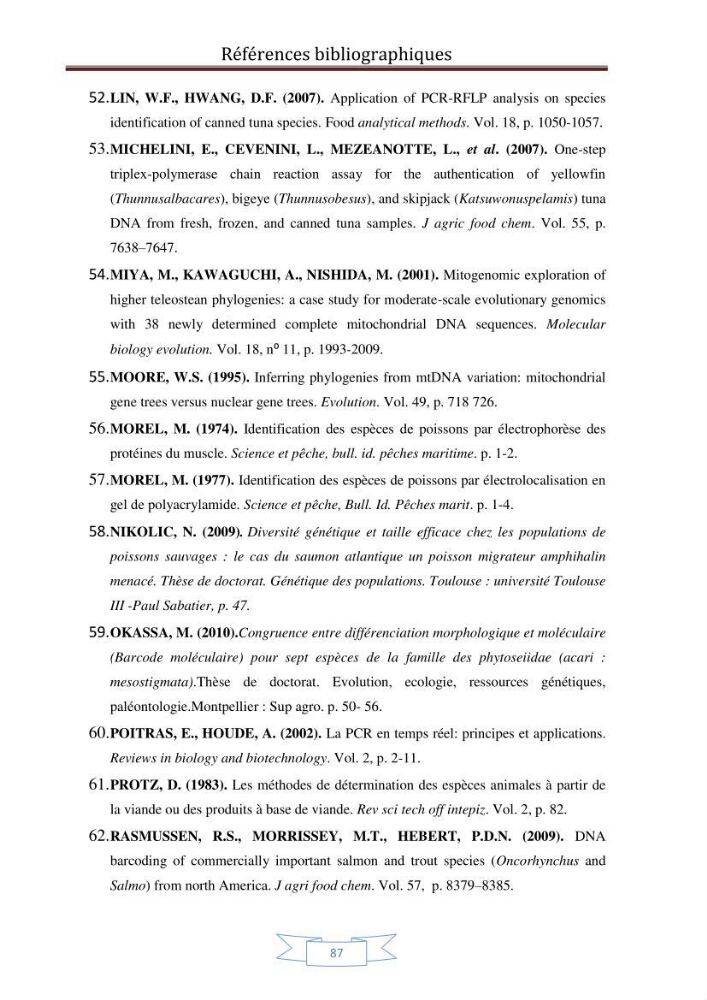 Recherche bibliographique sur les techniques de génétique moléculaire et leurs applications dans l\'identification des especes de poissons