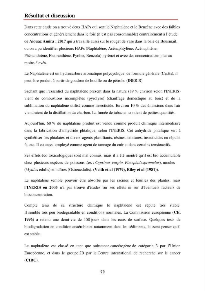 Evaluation de taux des hydrocarbures aromatiques polycycliques dans le foie et la chair du rouget de vase (Mullus barbatus) dans la baie de Bousmail