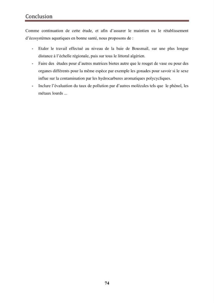 Evaluation de taux des hydrocarbures aromatiques polycycliques dans le foie et la chair du rouget de vase (Mullus barbatus) dans la baie de Bousmail