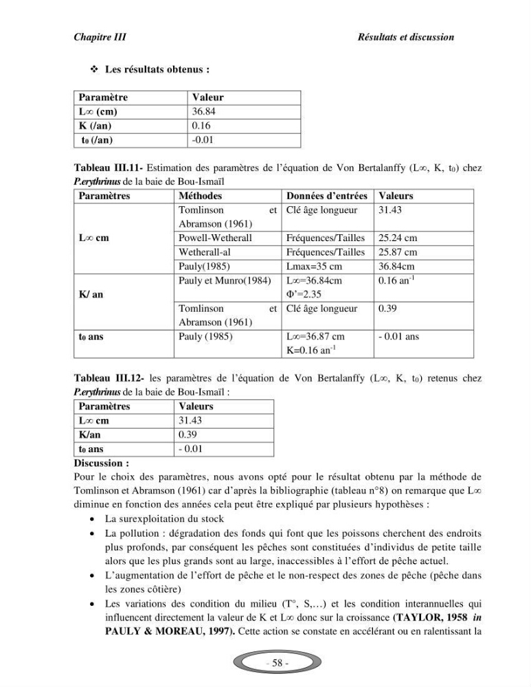 Contribution à l\'étude de l\'exploitation de Pagellus erythrinus ( Linnaeus,1758) dans la baie de Bou-Ismail: