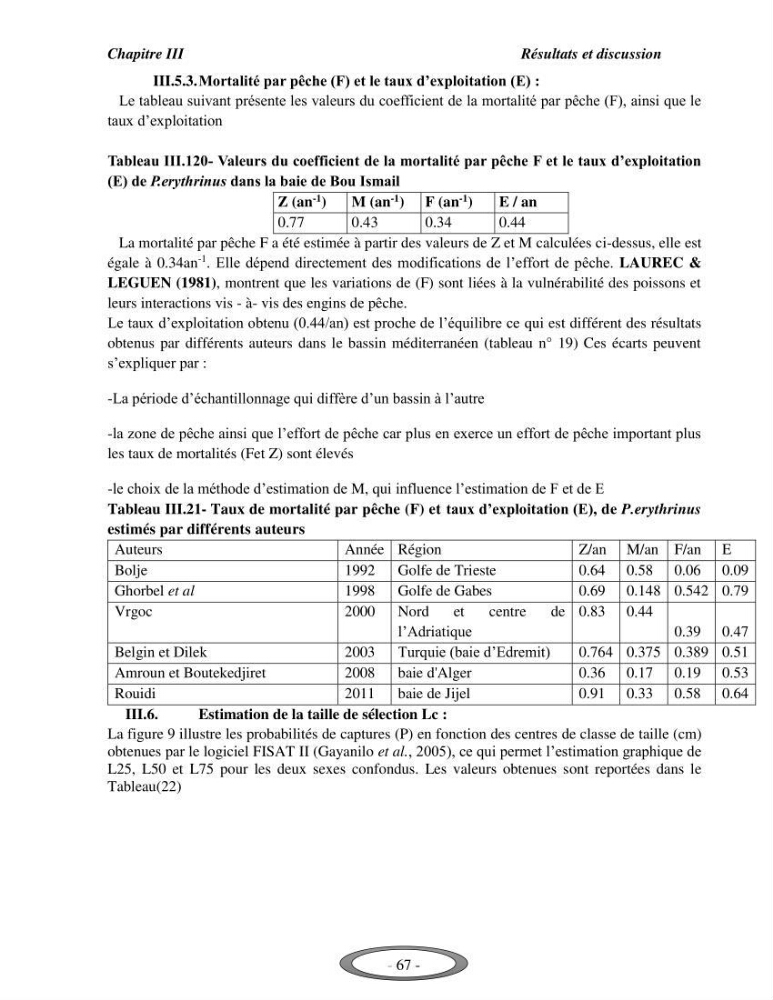 Contribution à l\'étude de l\'exploitation de Pagellus erythrinus ( Linnaeus,1758) dans la baie de Bou-Ismail: