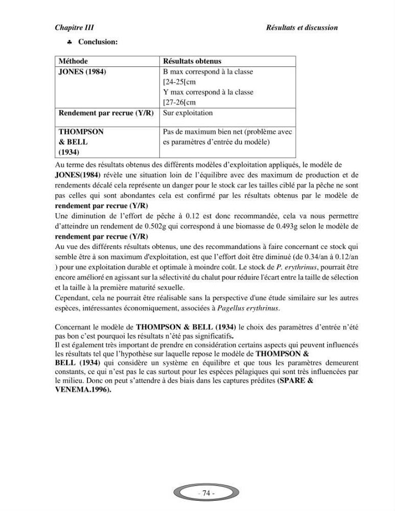 Contribution à l\'étude de l\'exploitation de Pagellus erythrinus ( Linnaeus,1758) dans la baie de Bou-Ismail: