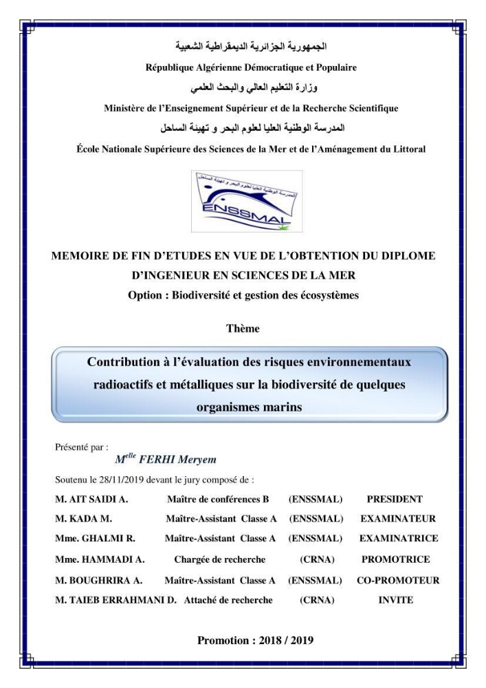 Contribution à l’évaluation des risques environnementaux radioactifs et métalliques sur la biodiversité de quelques organismes marins: