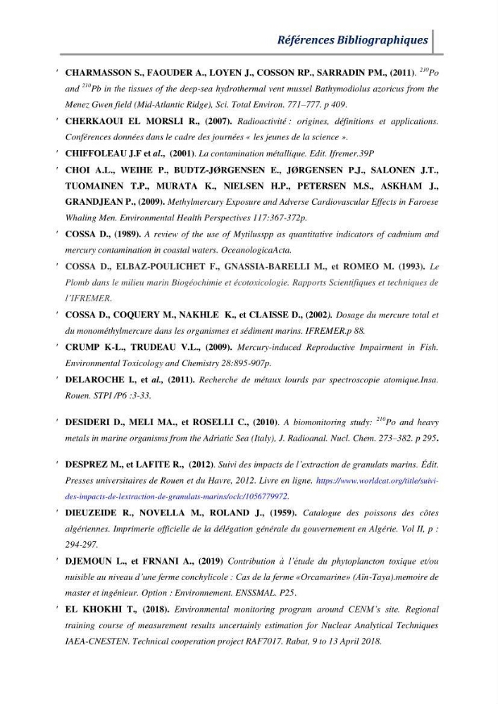 Contribution à l’évaluation des risques environnementaux radioactifs et métalliques sur la biodiversité de quelques organismes marins: