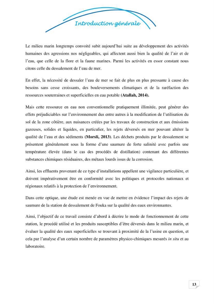 Effets des rejets de la saumure de la station de dessalement de Fouka sur la qualité des eaux: