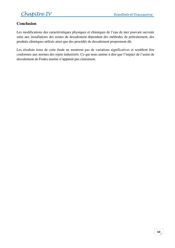 Effets des rejets de la saumure de la station de dessalement de Fouka sur la qualité des eaux: