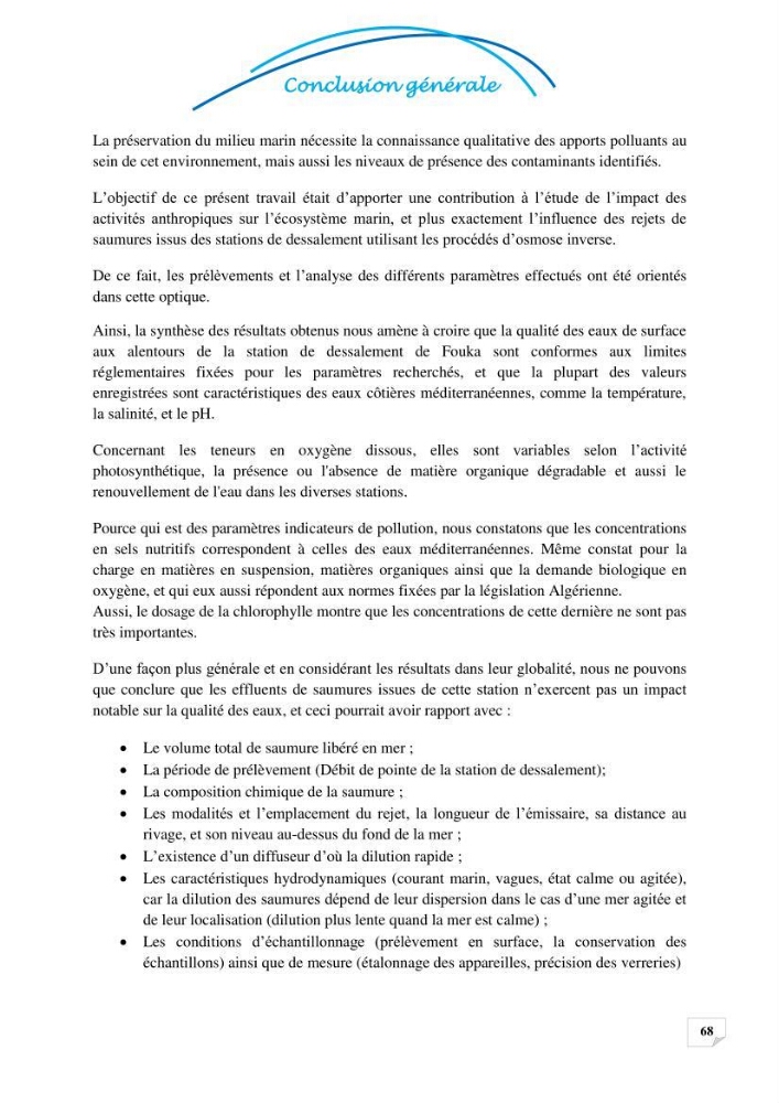 Effets des rejets de la saumure de la station de dessalement de Fouka sur la qualité des eaux:
