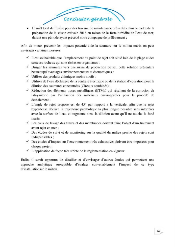Effets des rejets de la saumure de la station de dessalement de Fouka sur la qualité des eaux:
