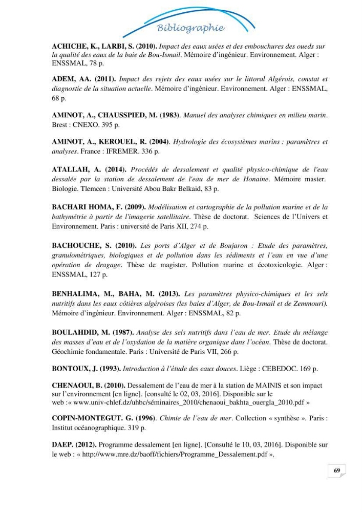 Effets des rejets de la saumure de la station de dessalement de Fouka sur la qualité des eaux: