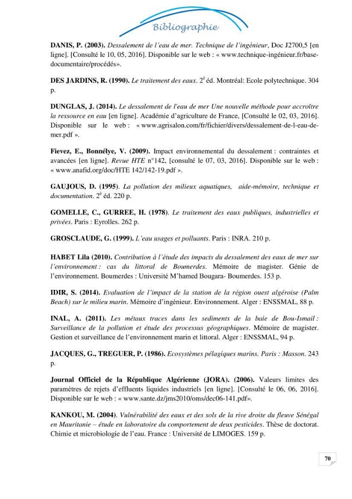 Effets des rejets de la saumure de la station de dessalement de Fouka sur la qualité des eaux: