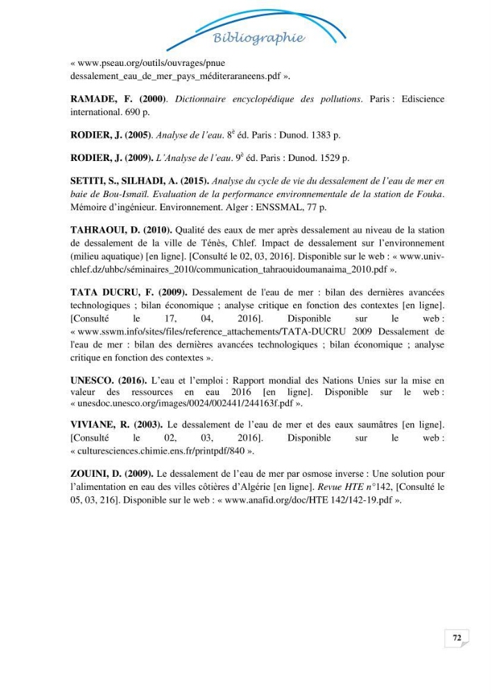 Effets des rejets de la saumure de la station de dessalement de Fouka sur la qualité des eaux: