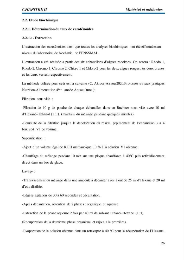 Contribution à l’élaboration d’un complément alimentaire algale destiné à l’amélioration de la pigmentation des poissons d’élevage