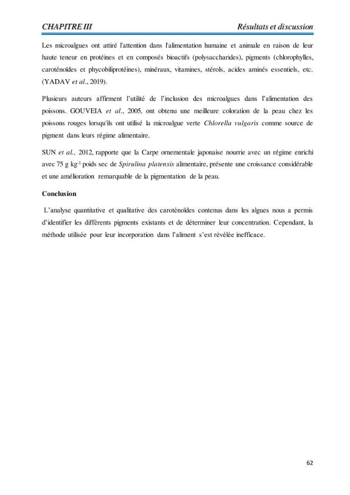 Contribution à l’élaboration d’un complément alimentaire algale destiné à l’amélioration de la pigmentation des poissons d’élevage