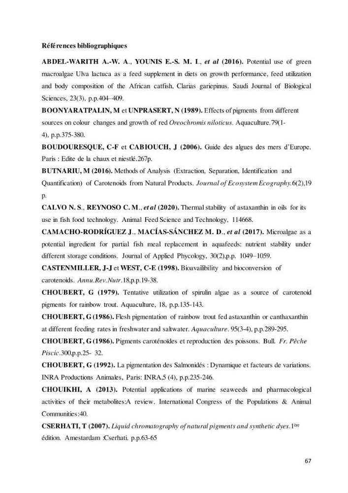 Contribution à l’élaboration d’un complément alimentaire algale destiné à l’amélioration de la pigmentation des poissons d’élevage