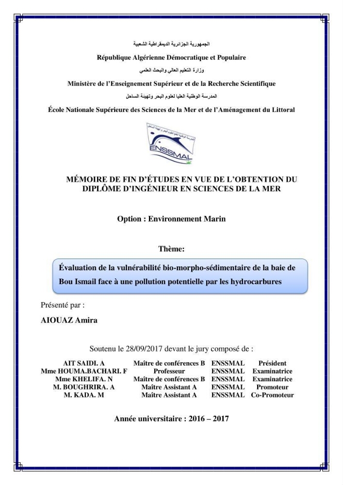 Evaluation de la vulnérabilité bio-morphosédimentaire de la baie de Bou-Ismail face à une pollution potentielle par les hydrocarbures