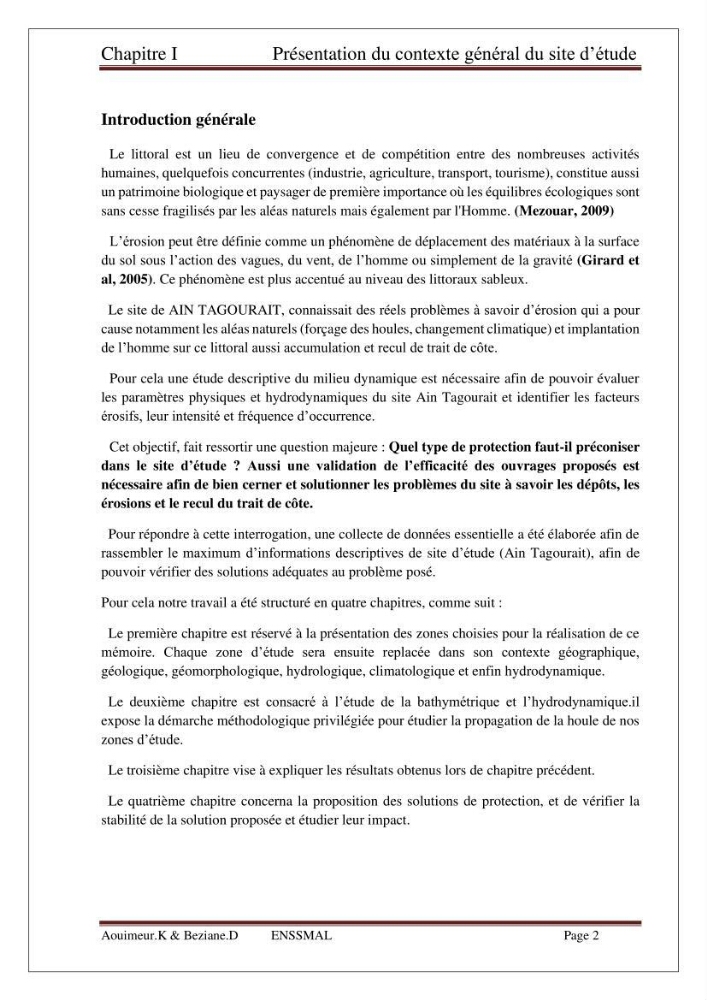 Etude de faisabilité de la protection des rivages du site d\'Ain Tagourait.w.de Tipaza