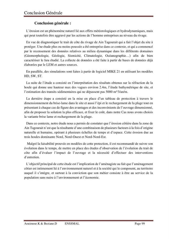 Etude de faisabilité de la protection des rivages du site d\'Ain Tagourait.w.de Tipaza