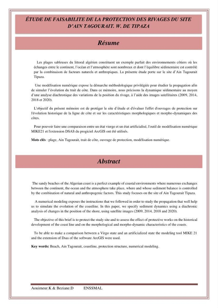 Etude de faisabilité de la protection des rivages du site d\'Ain Tagourait.w.de Tipaza