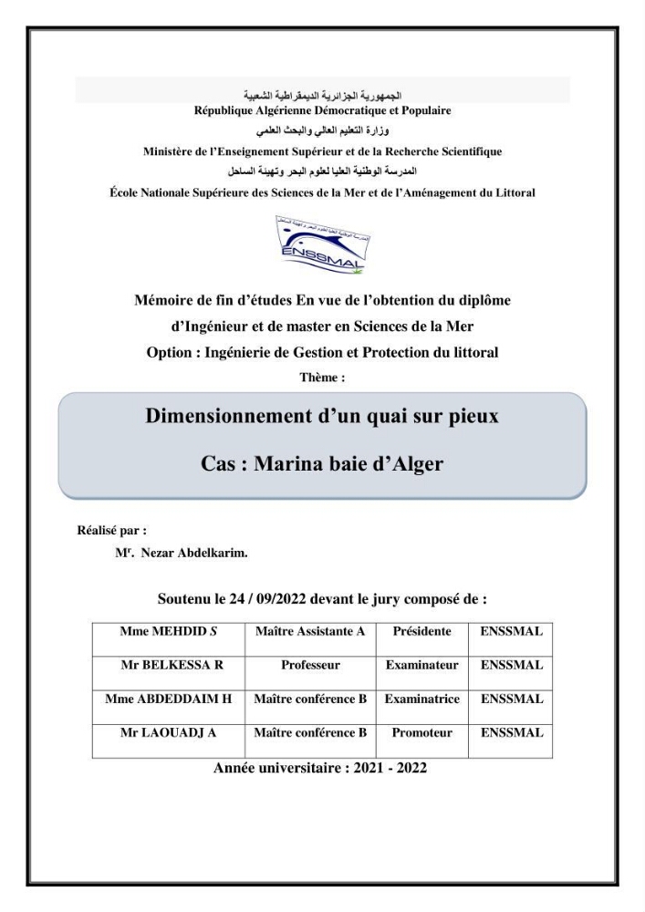 Dimensionnement d\'un quai sur pieux (Cas : Marina baie d’Alger)