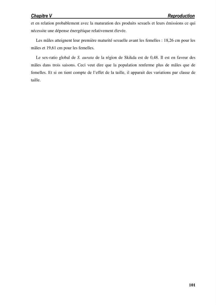 Ecologie, biologie, morphométrie et exploitation de la daurade royale Sparus aurata Linné, 1758 dans la région de SKIKDA.