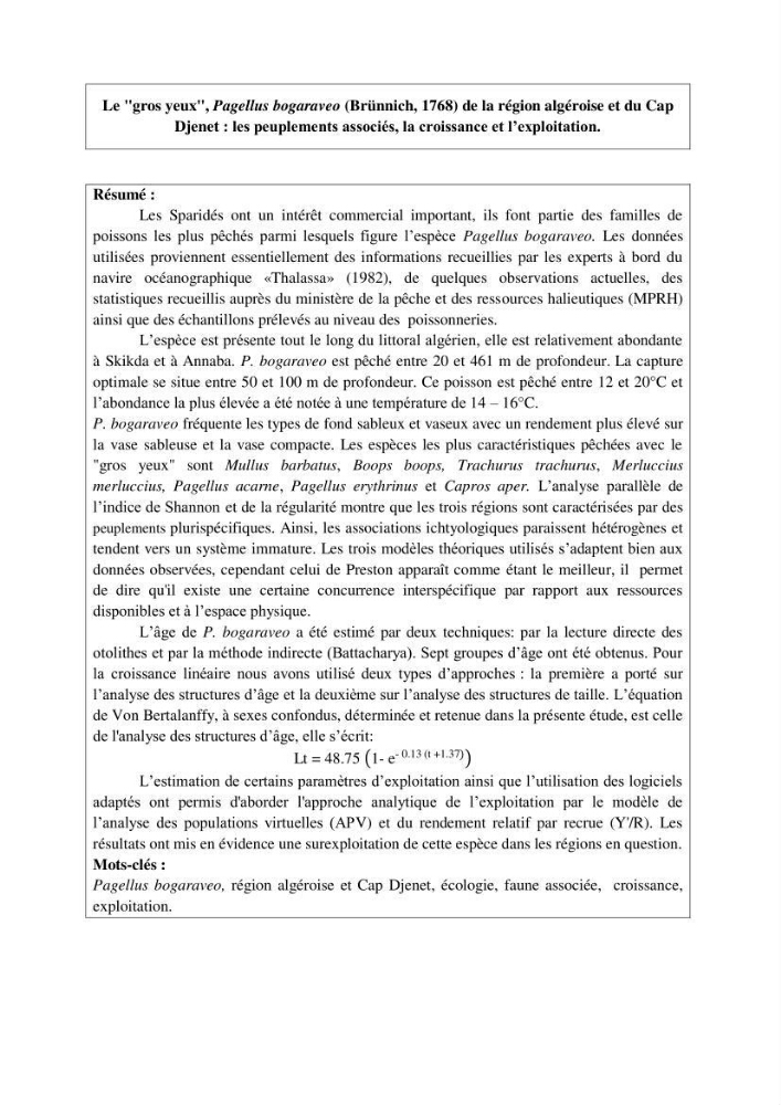 Le gros yeux, Pagellus bogaraveo ( Brûnnich, 1768) de la région centre: les peuplements associés,la croissance et l\'exploitation