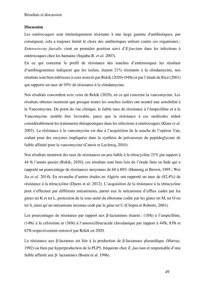Caractérisation et évaluation de la résistance aux antibiotiques chez les entérocoques sp isolés dans le milieu marin: