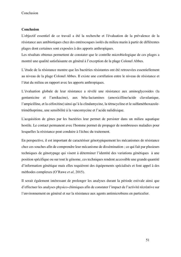 Caractérisation et évaluation de la résistance aux antibiotiques chez les entérocoques sp isolés dans le milieu marin: