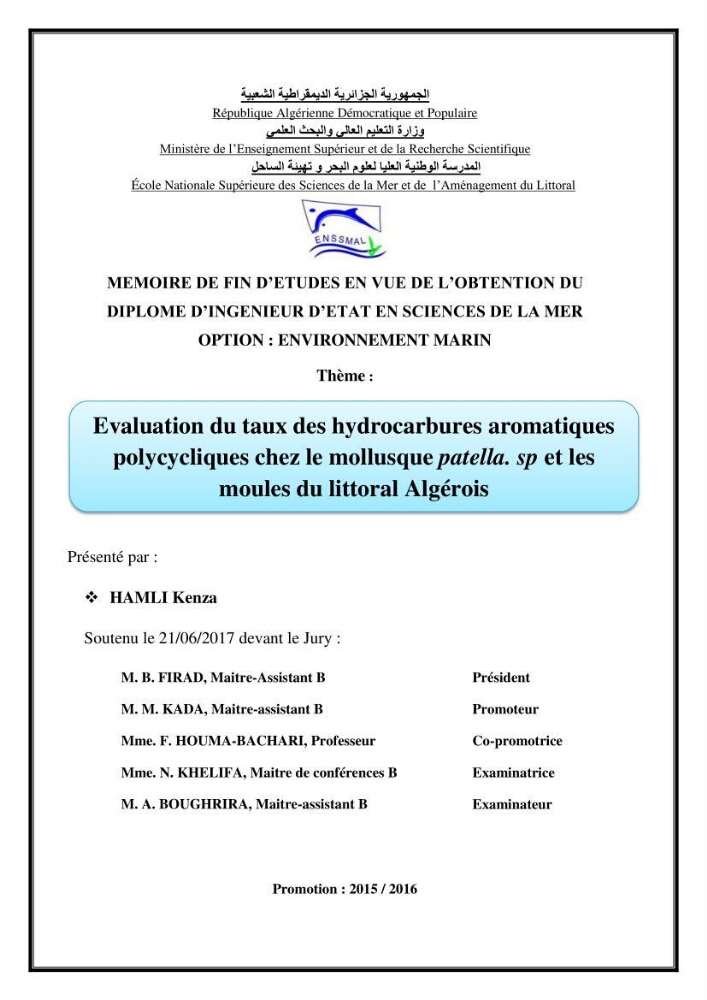 Evaluation du taux des hydrocarbures aromatiques polycycliques chez le mollusque Patella.sp et les moules du littoral Algérois