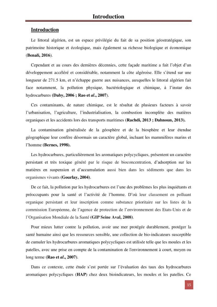 Evaluation du taux des hydrocarbures aromatiques polycycliques chez le mollusque Patella.sp et les moules du littoral Algérois