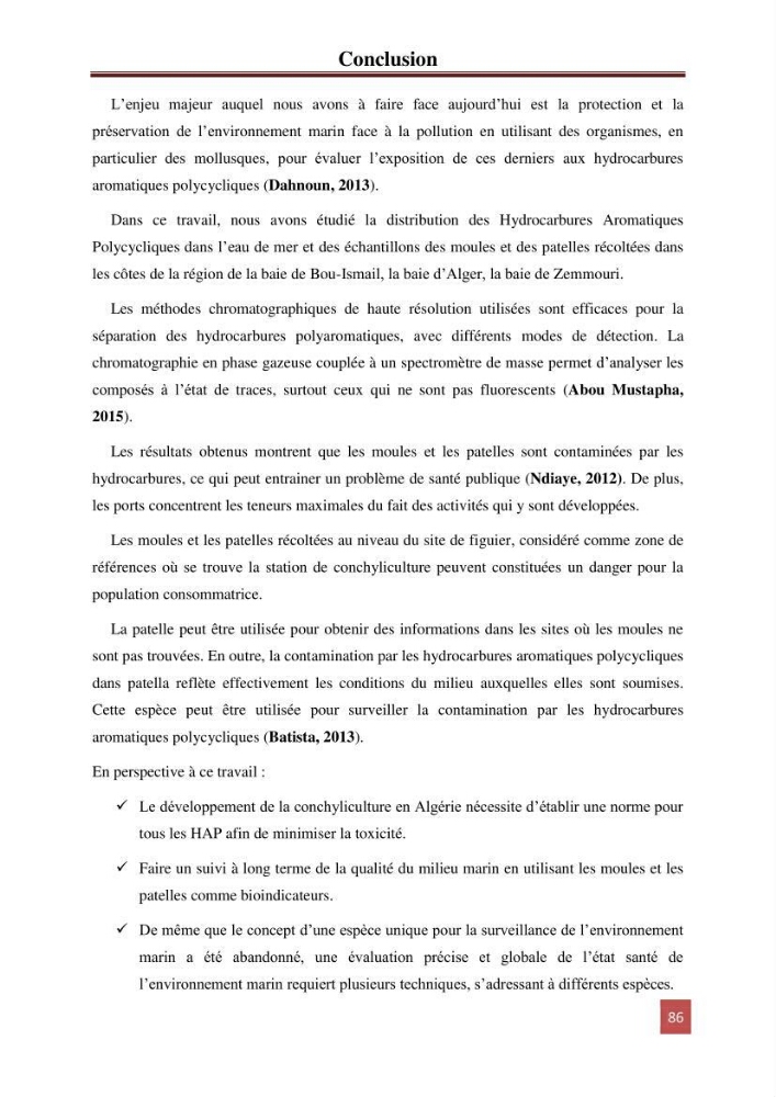 Evaluation du taux des hydrocarbures aromatiques polycycliques chez le mollusque Patella.sp et les moules du littoral Algérois