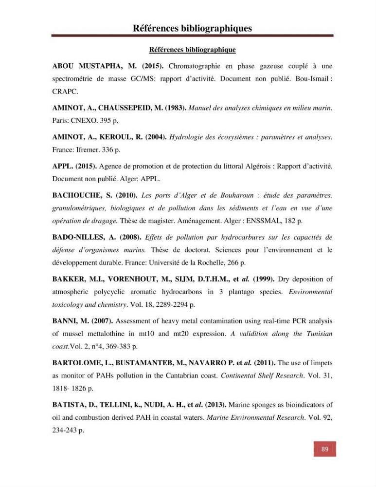 Evaluation du taux des hydrocarbures aromatiques polycycliques chez le mollusque Patella.sp et les moules du littoral Algérois