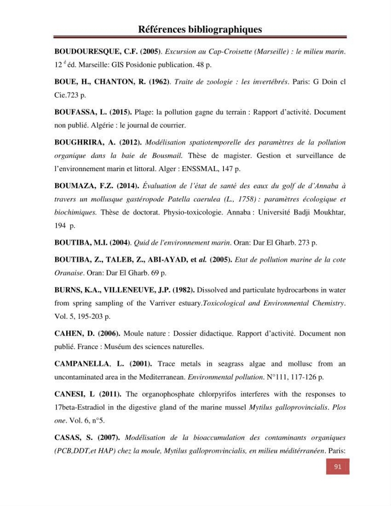 Evaluation du taux des hydrocarbures aromatiques polycycliques chez le mollusque Patella.sp et les moules du littoral Algérois
