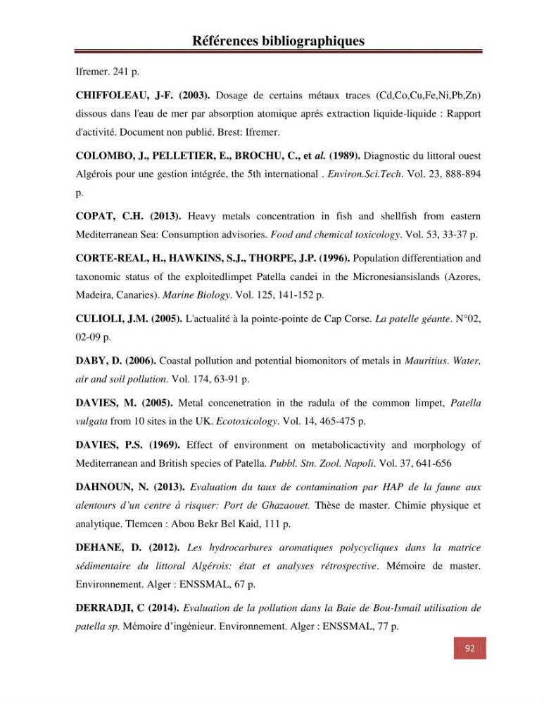 Evaluation du taux des hydrocarbures aromatiques polycycliques chez le mollusque Patella.sp et les moules du littoral Algérois