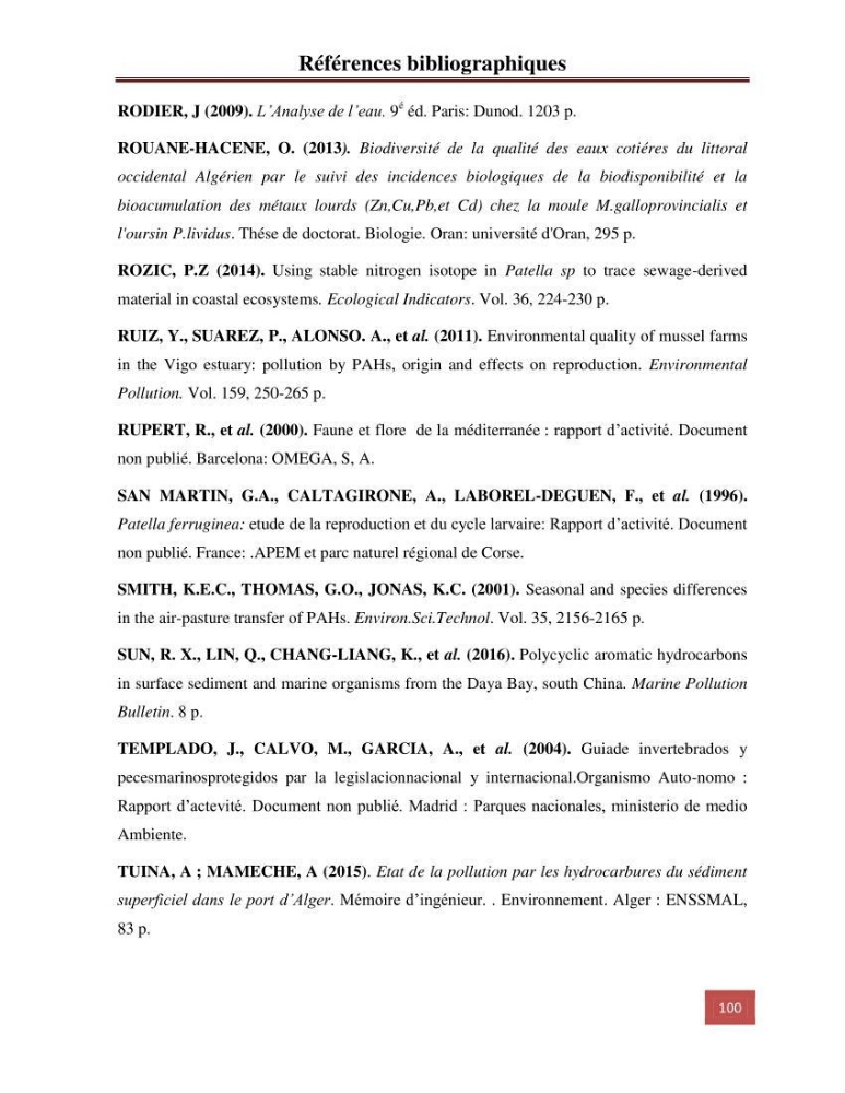 Evaluation du taux des hydrocarbures aromatiques polycycliques chez le mollusque Patella.sp et les moules du littoral Algérois