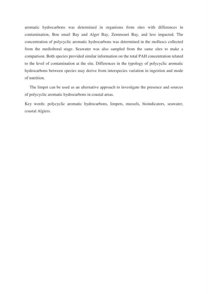 Evaluation du taux des hydrocarbures aromatiques polycycliques chez le mollusque Patella.sp et les moules du littoral Algérois