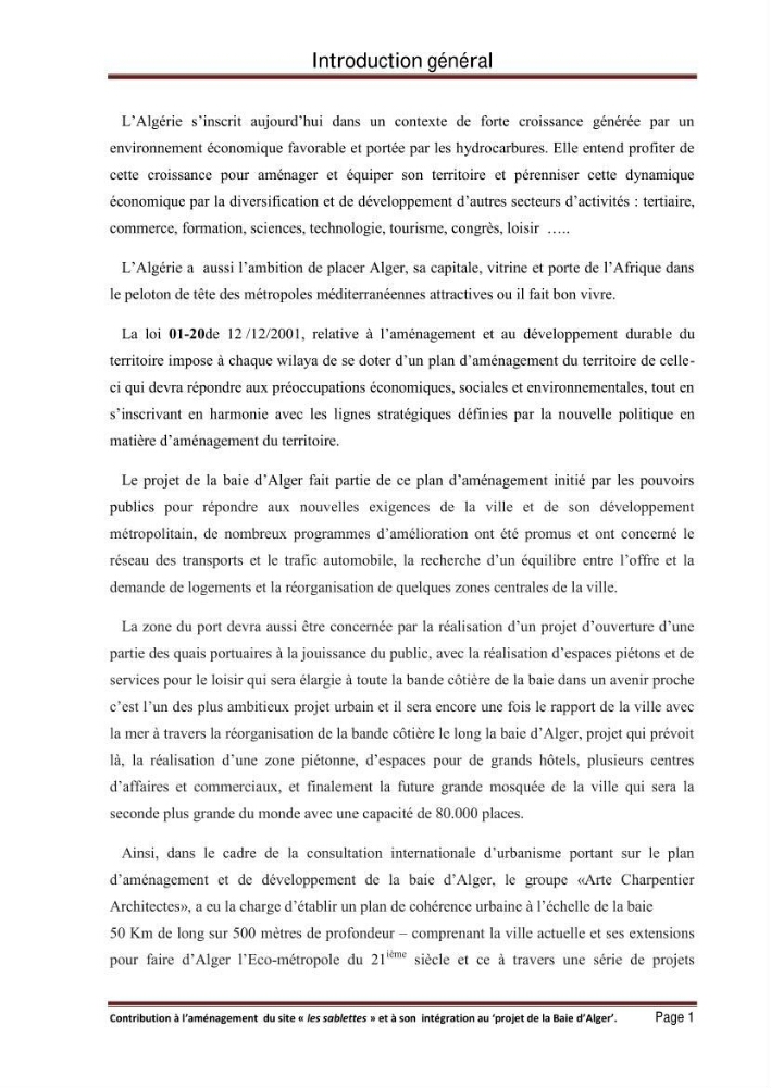 Contribution à l\'aménagement du site \"les sablettes\" et à son intégration dans le projet de la baie d\'Alger