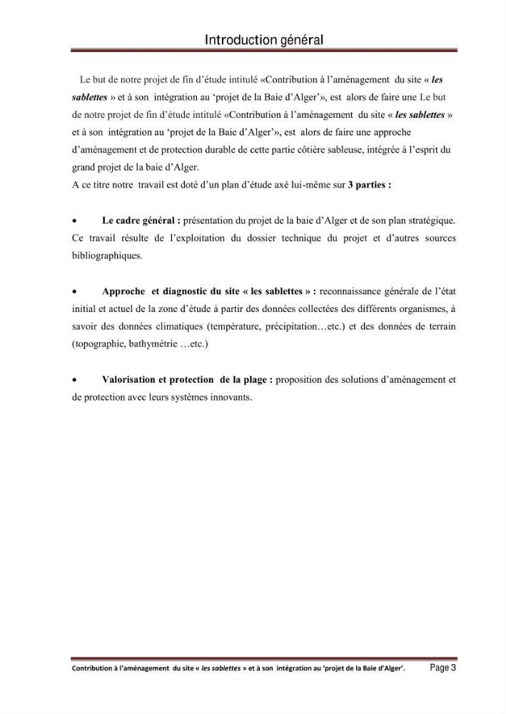 Contribution à l\'aménagement du site \"les sablettes\" et à son intégration dans le projet de la baie d\'Alger