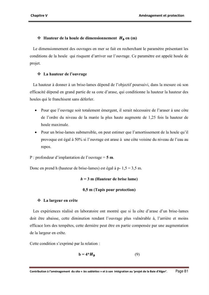 Contribution à l\'aménagement du site \"les sablettes\" et à son intégration dans le projet de la baie d\'Alger