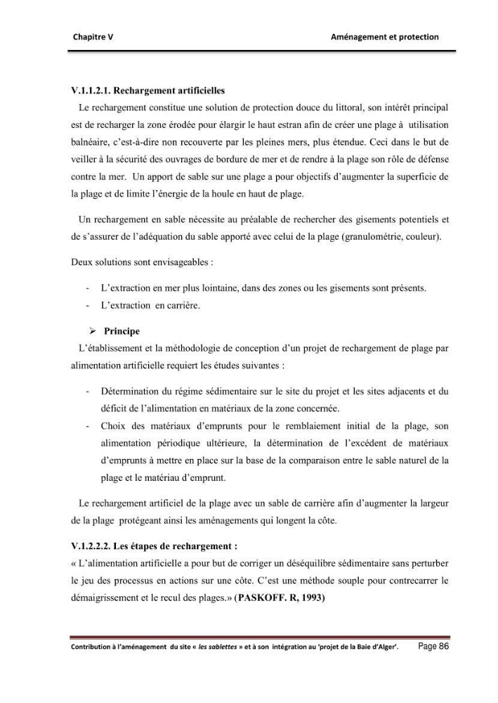 Contribution à l\'aménagement du site \"les sablettes\" et à son intégration dans le projet de la baie d\'Alger