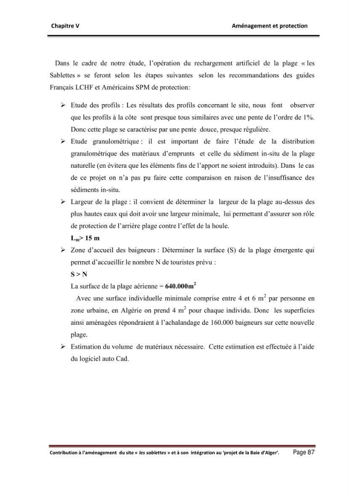 Contribution à l\'aménagement du site \"les sablettes\" et à son intégration dans le projet de la baie d\'Alger