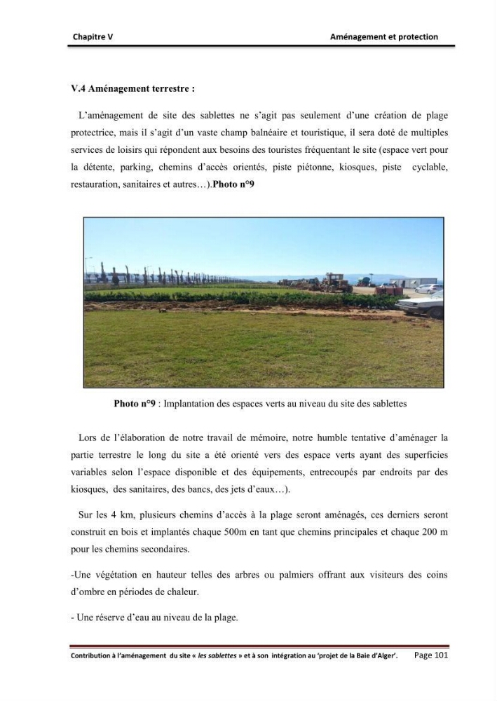 Contribution à l\'aménagement du site \"les sablettes\" et à son intégration dans le projet de la baie d\'Alger