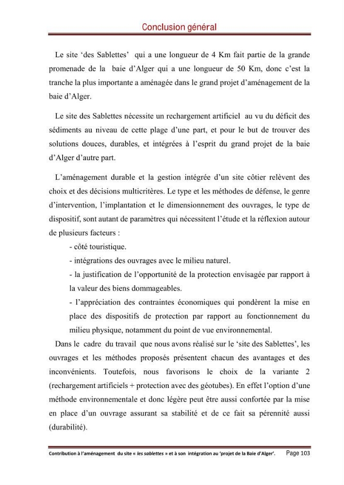 Contribution à l\'aménagement du site \"les sablettes\" et à son intégration dans le projet de la baie d\'Alger